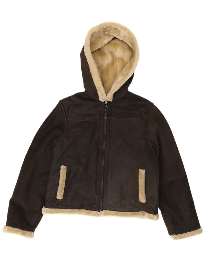 Giubbotto in shearling con cappuccio da donna Conbipel UK 14 in pelle grigio medio