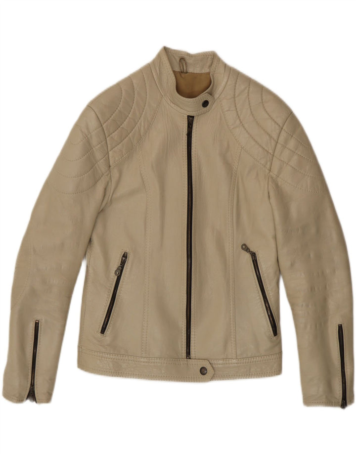 Giacca da motociclista in pelle vintage da donna UK 8 piccola Beige