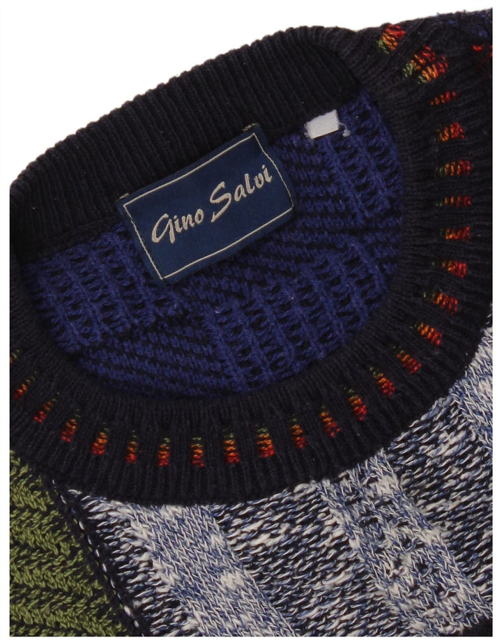 Maglione maglione girocollo vintage da uomo XL patchwork multicolore