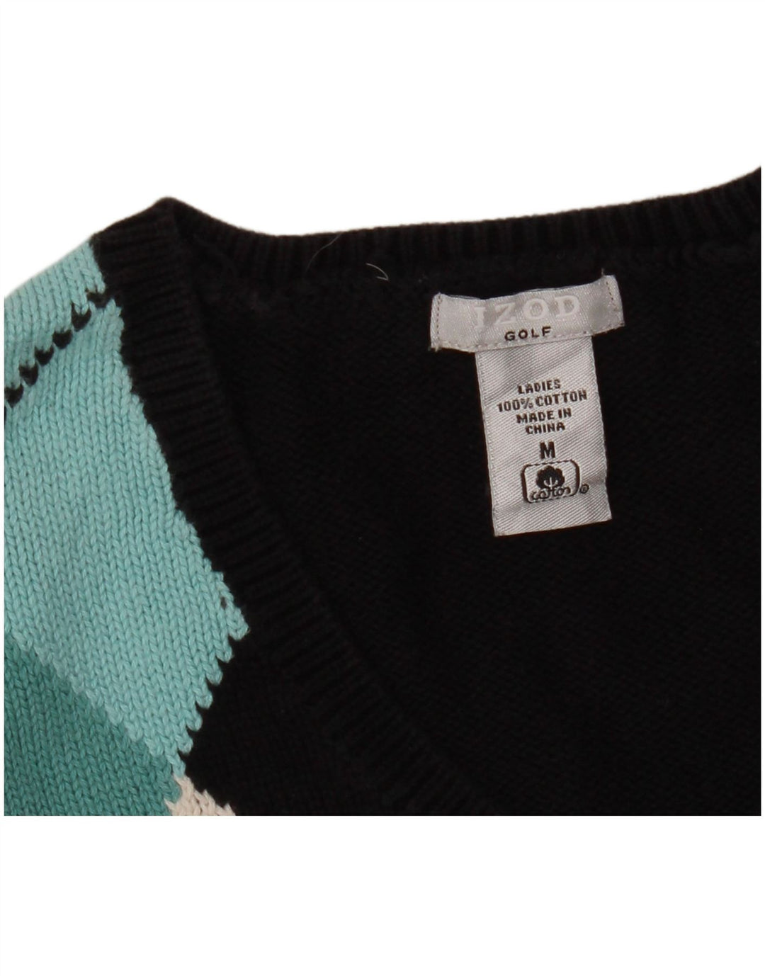 Maglione da golf da donna con scollo a V IZOD UK 12 medio nero a rombi/diamante