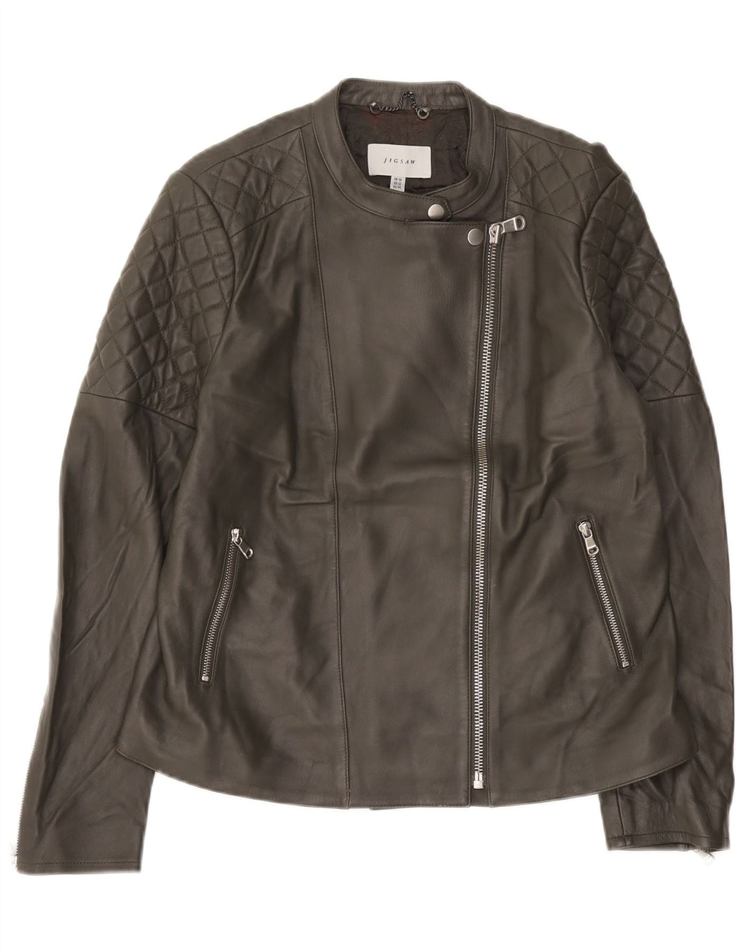 Giacca da motociclista in pelle da donna Jigsaw UK 16 Large in pelle grigia