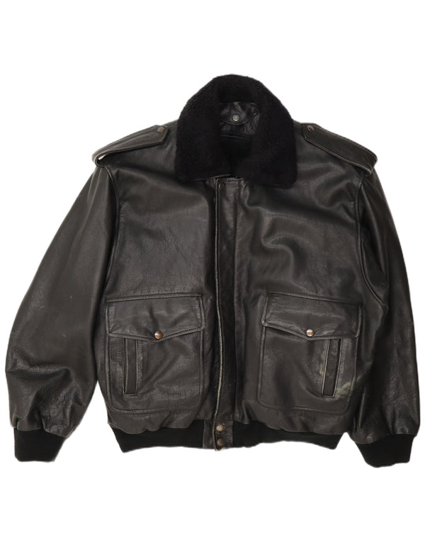 Giacca in pelle militare vintage da uomo UK 42 XL nera