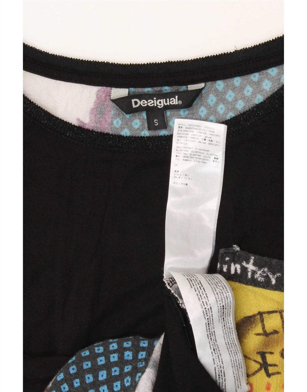 Desigual Donna Abstract Pattern Top Manica 3/4 UK 10 Small Nero Viscosa