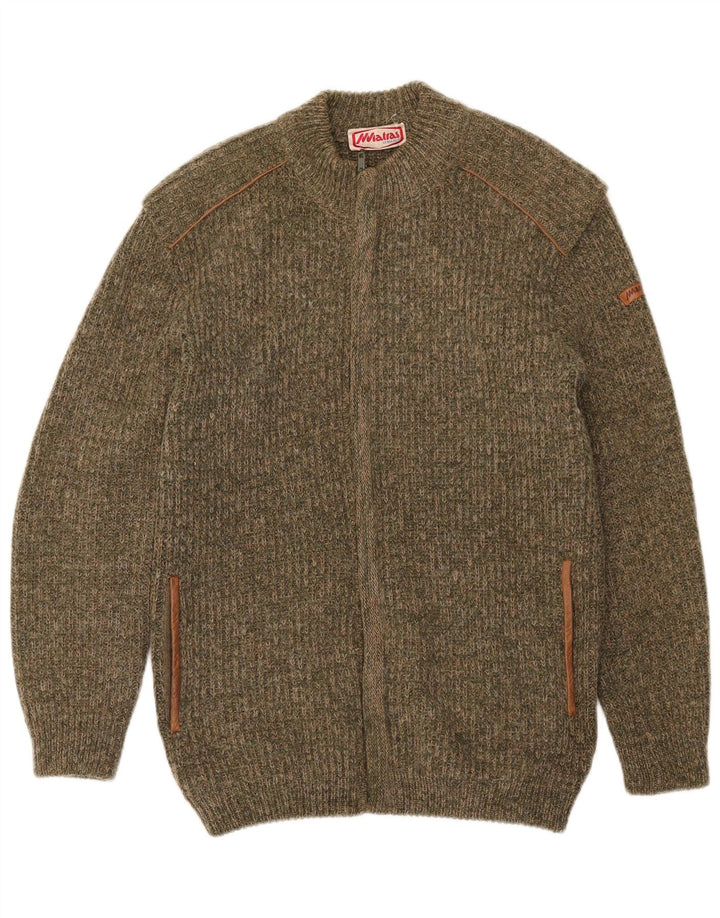 Maglione cardigan con zip intera da uomo vintage in lana screziata color kaki medio