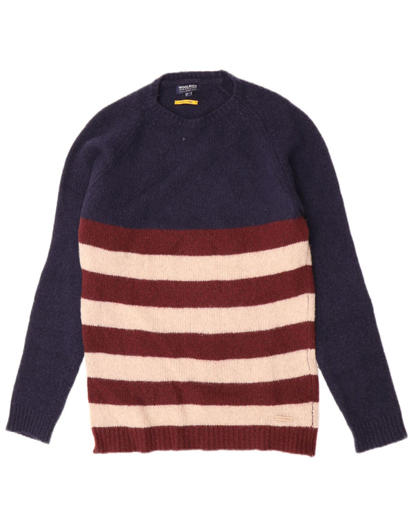 Maglione maglione girocollo da uomo Woolrich lana media a righe blu navy