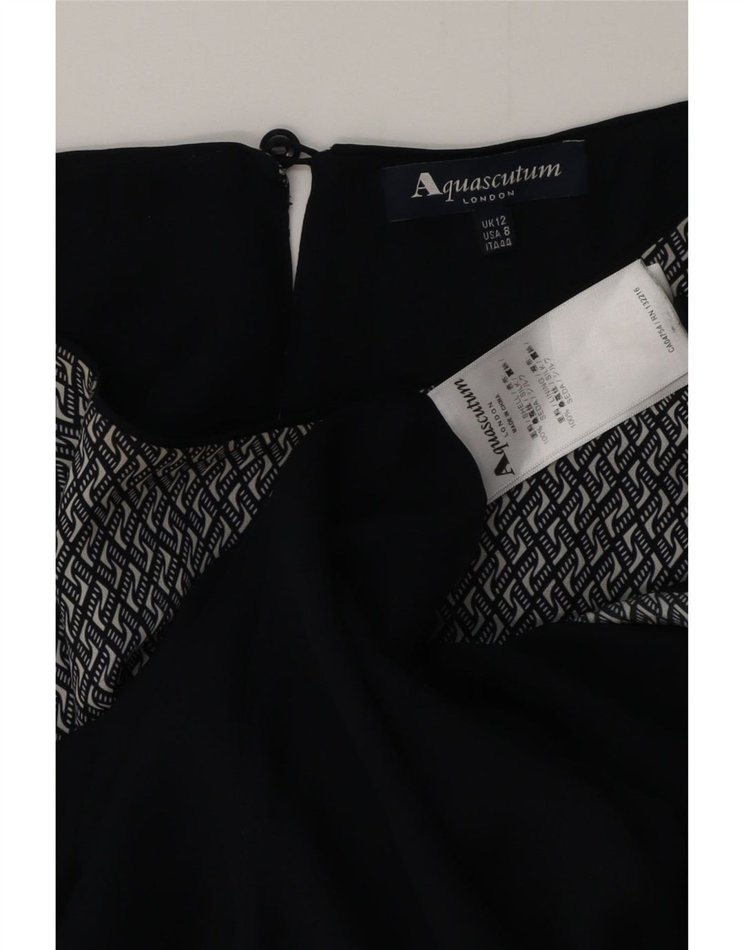Abito lungo da donna AQUASCUTUM UK 12 Seta geometrica blu navy media