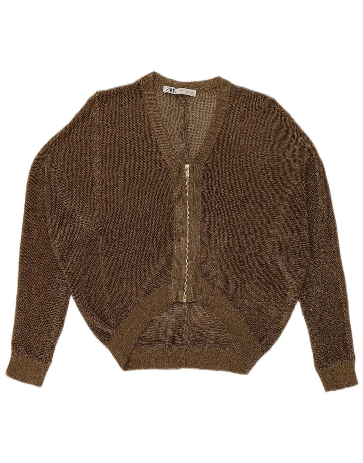 Maglione cardigan trasparente da donna Zara UK 14 medio oro screziato