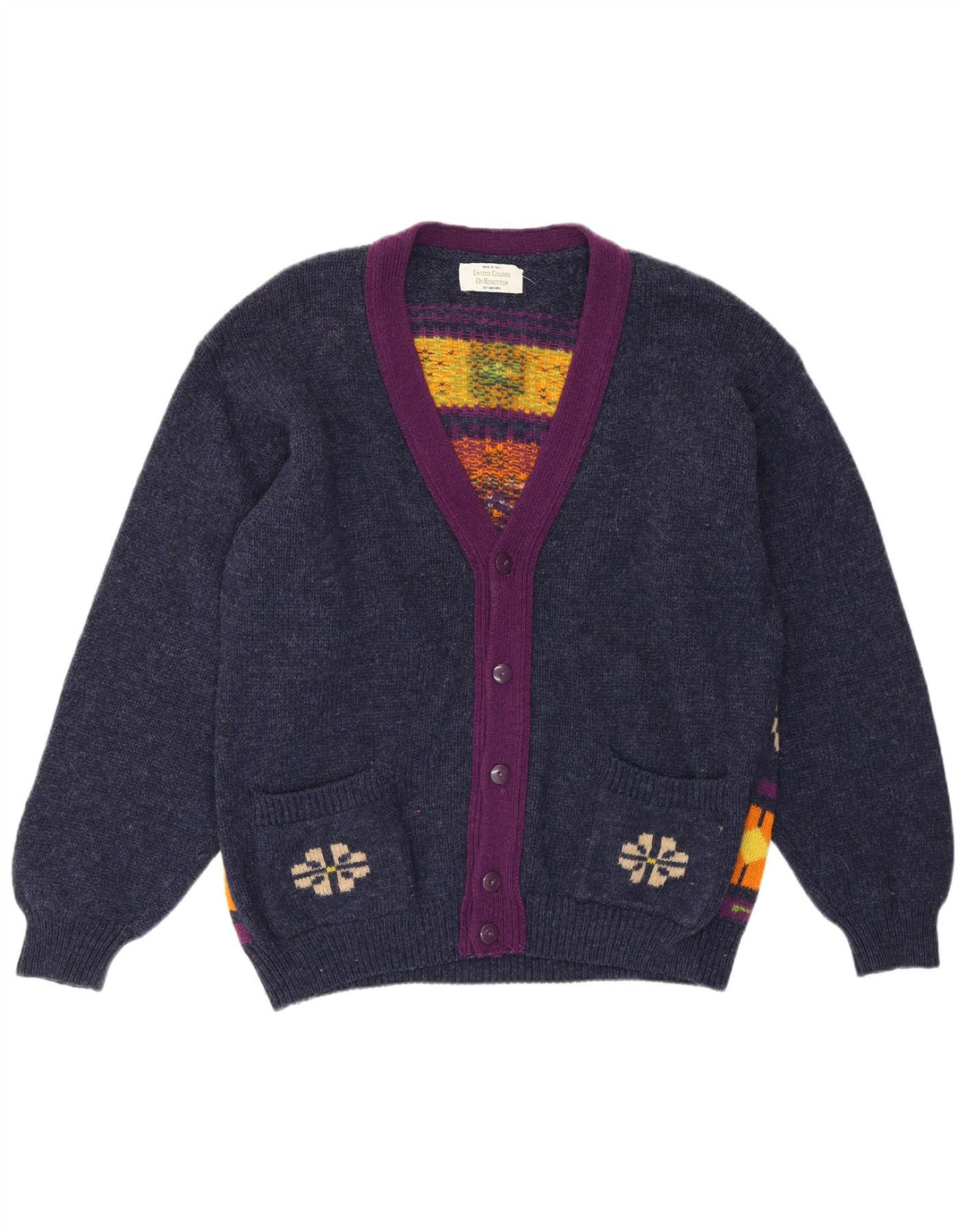 Maglione cardigan da donna Benetton UK 14 Medio blu navy retrò geometrico