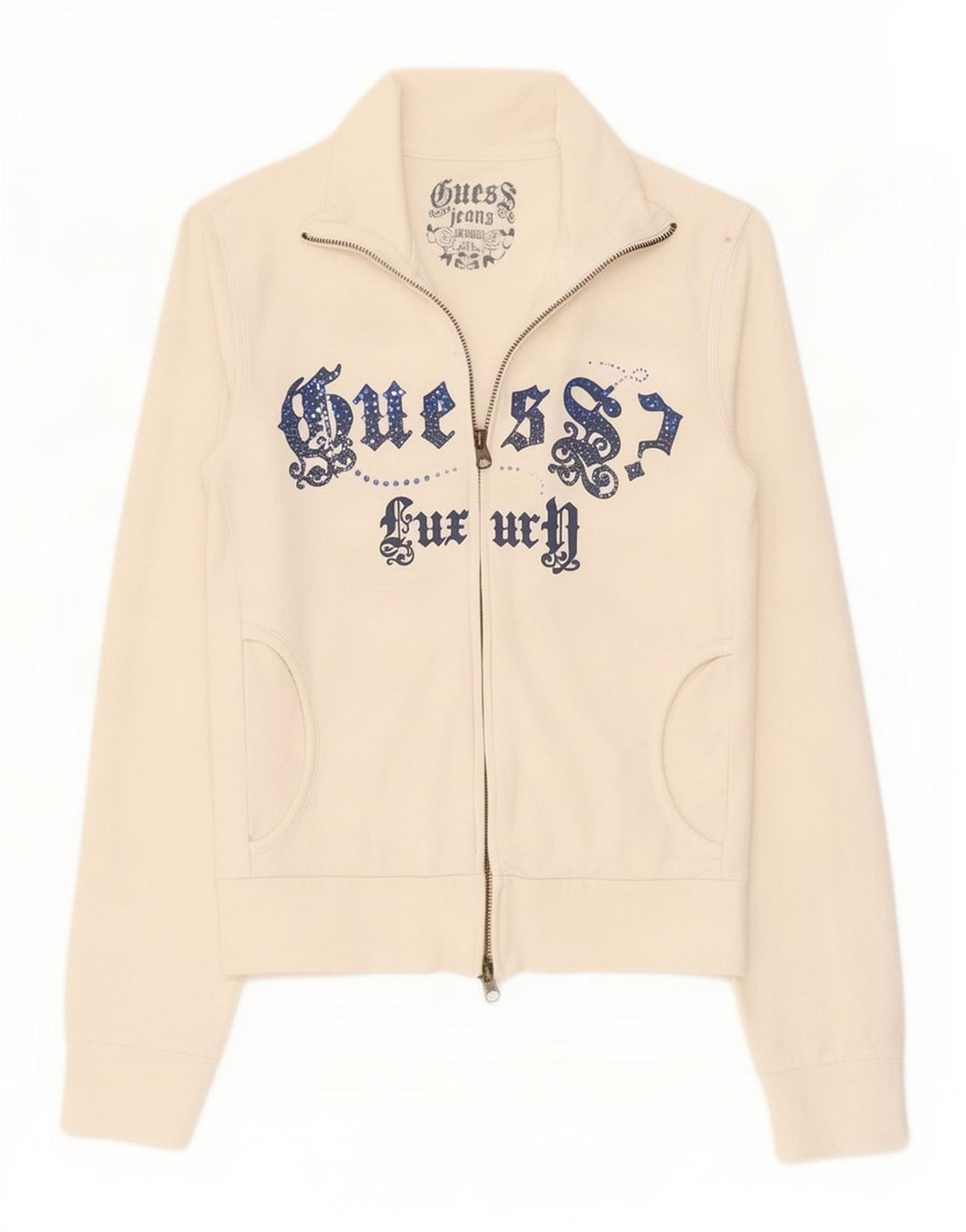 Giacca da ginnastica da donna con grafica Guess UK 10 piccola in cotone bianco