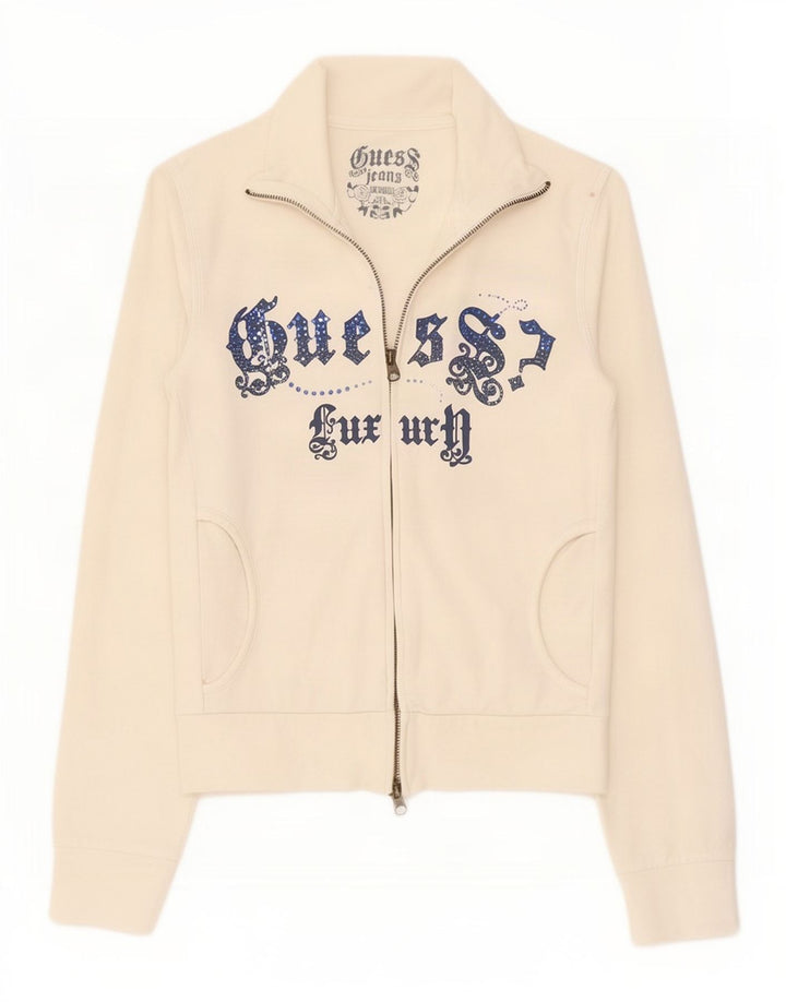 Giacca da ginnastica da donna con grafica Guess UK 10 piccola in cotone bianco