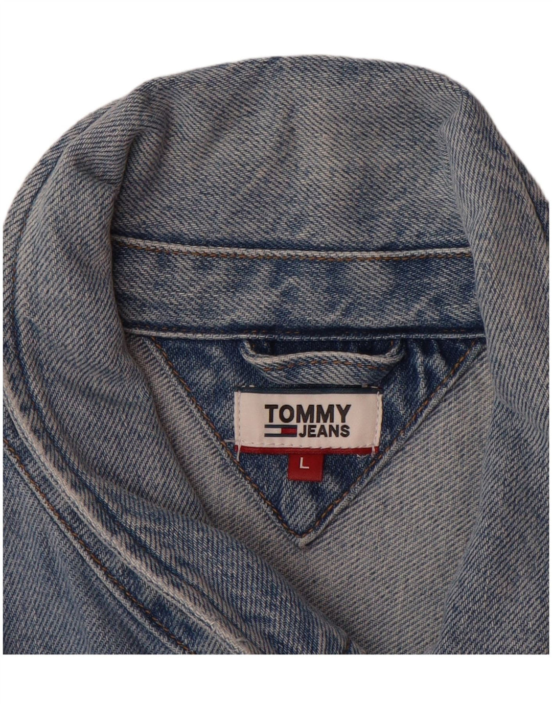 TOMMY HILFIGER Womens Graphic Denim Jacket UK 14 Large Blue Colourblock
