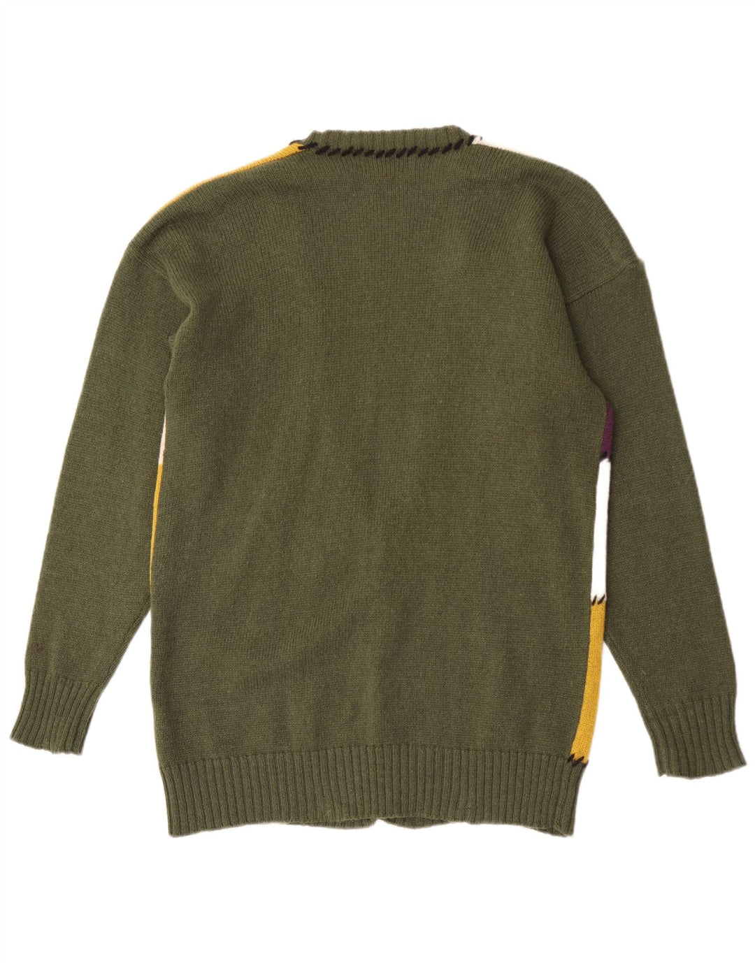 Maglione cardigan grafico da donna vintage UK 16 grande lana patchwork verde