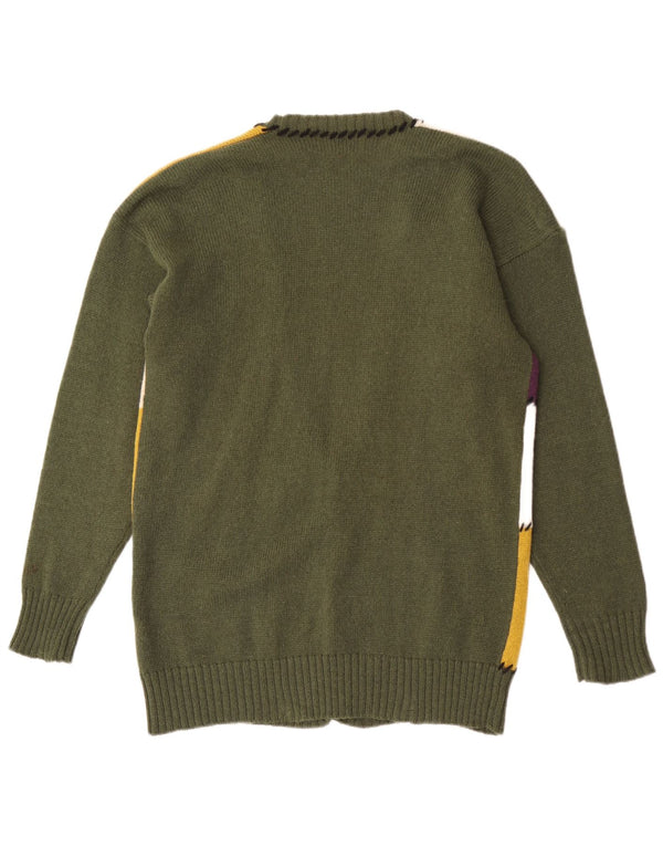 Maglione cardigan grafico da donna vintage UK 16 grande lana patchwork verde