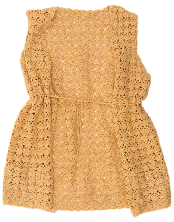 Top cardigan all'uncinetto senza maniche da donna vintage UK 16 grande giallo