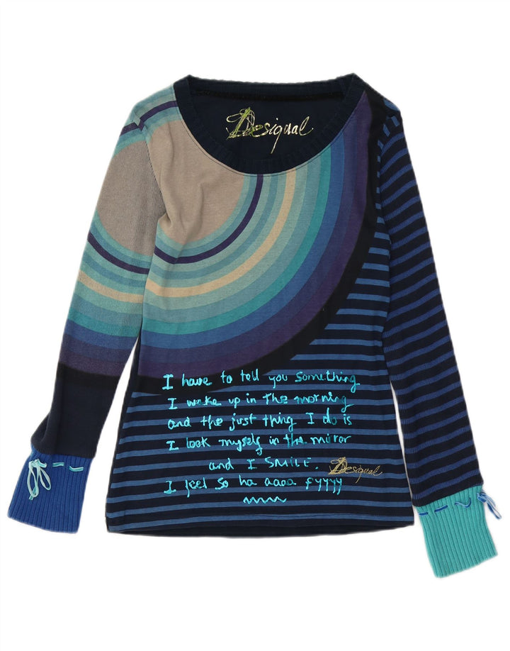 DESIGUAL Top grafico da donna manica lunga UK 12 Cotone a righe blu medio