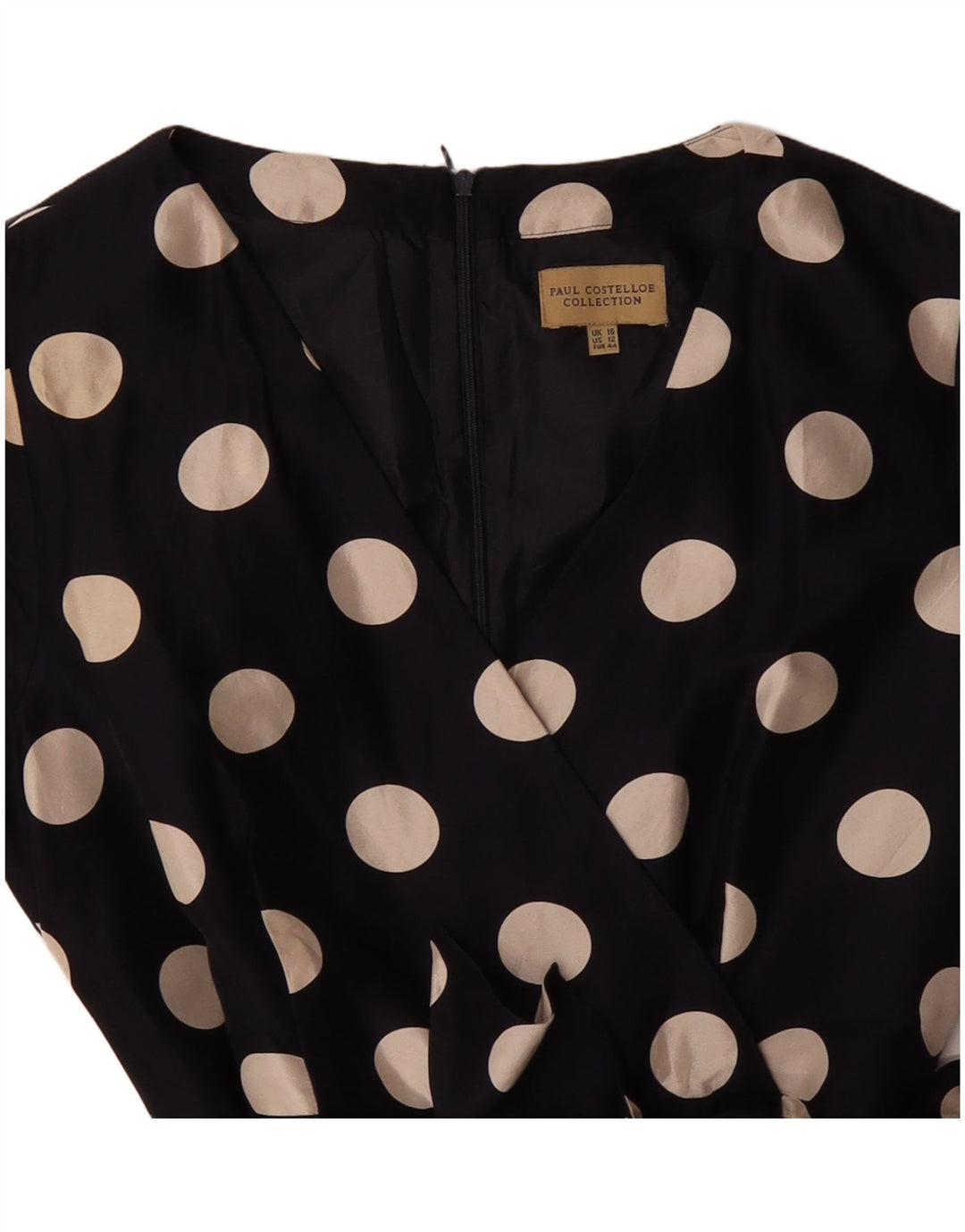 PAUL COSTELLOE Abito a trapezio da donna UK 16 Grande seta a pois blu navy