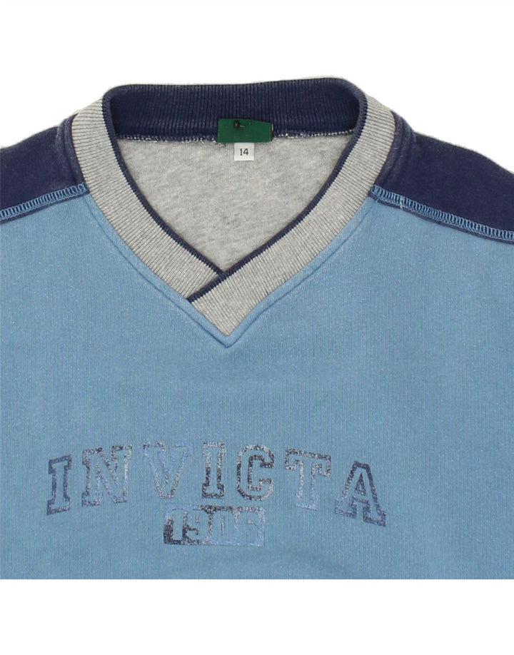 INVICTA Boys Graphic Sweatshirt Jumper 13-14 Years Blue Colourblock Cotton Vintage Invicta and Second-Hand Invicta from Messina Hembry 