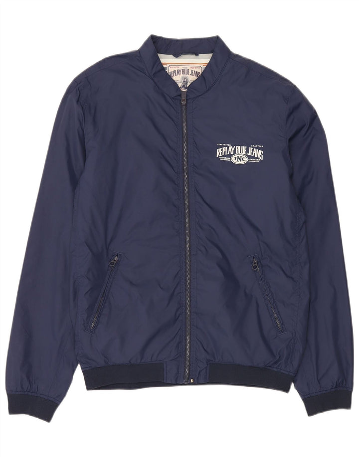 Replay Bomber grafico da uomo UK 40 Large Blu Navy in poliammide