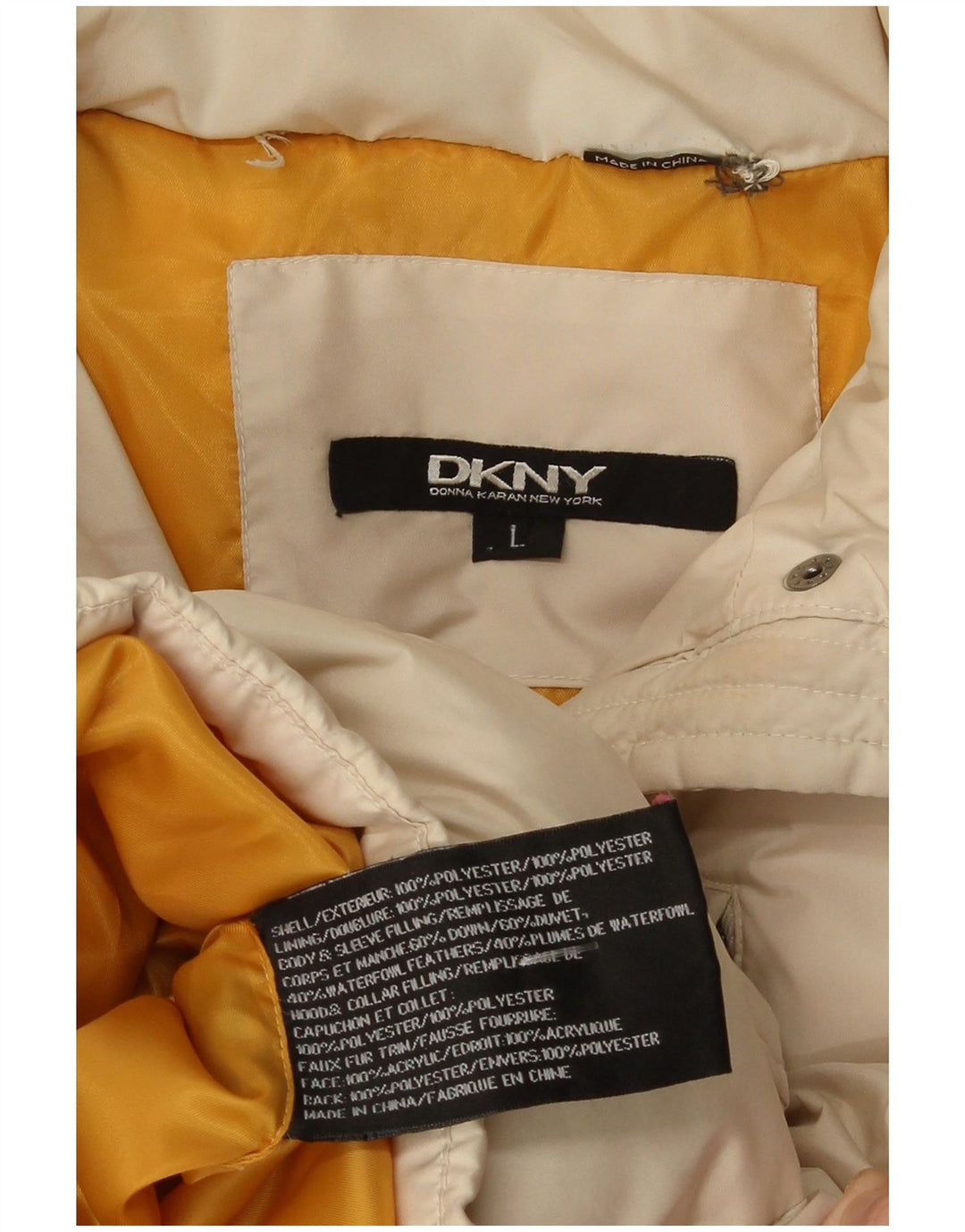 Cappotto imbottito con cappuccio da donna Dkny UK 14 grande poliestere beige