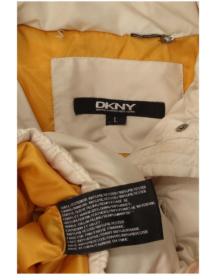 Cappotto imbottito con cappuccio da donna Dkny UK 14 grande poliestere beige