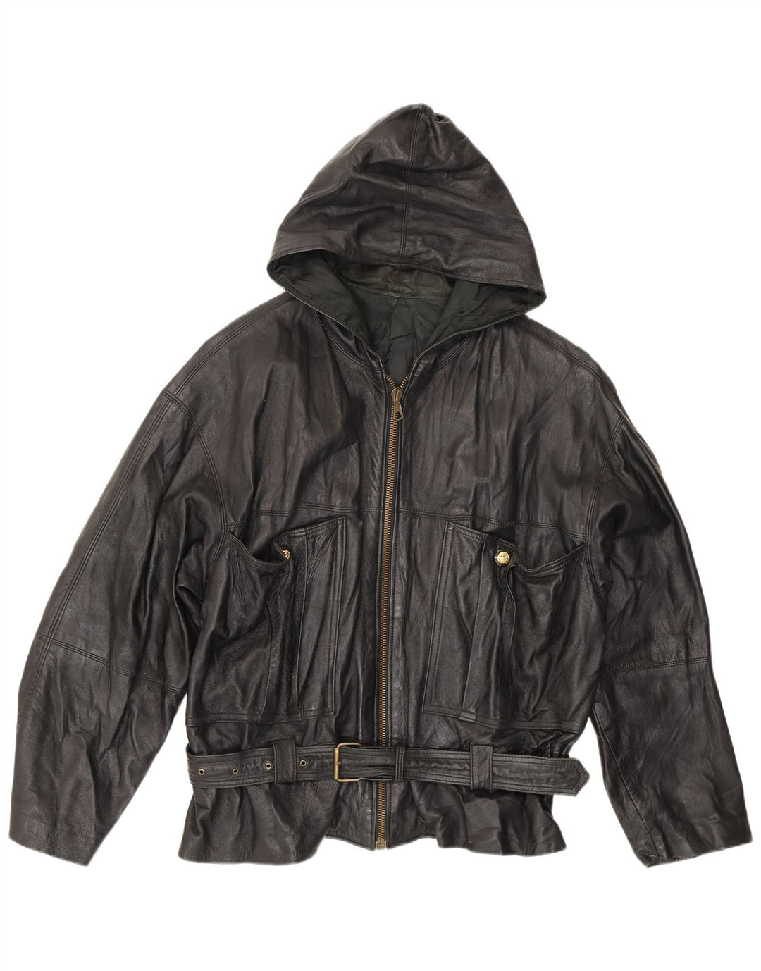 Giacca in pelle con cappuccio vintage da uomo UK 42 XL nera