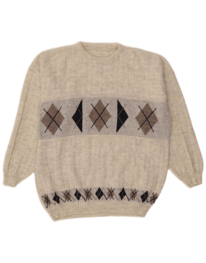 Maglione maglione girocollo vintage da uomo XL grigio a rombi/diamante