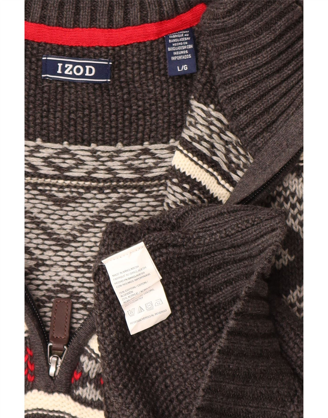 Maglione da uomo con zip e collo IZOD, grande, in cotone Fair Isle grigio