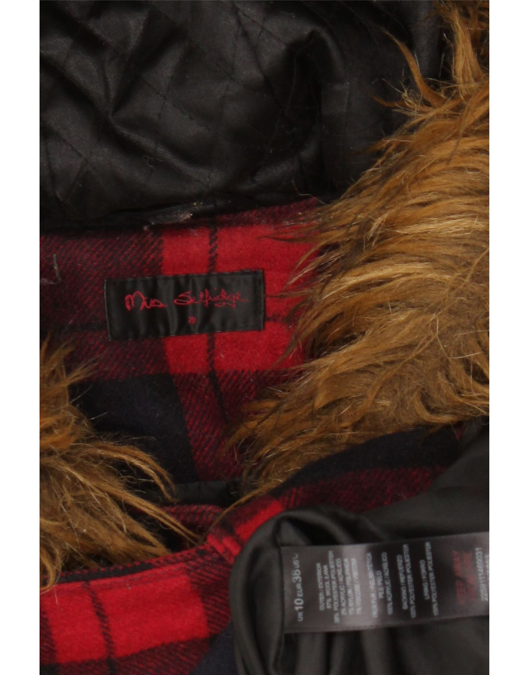 Montgomery con cappuccio da donna Miss Selfridge UK 10 piccolo in lana a quadri rossi