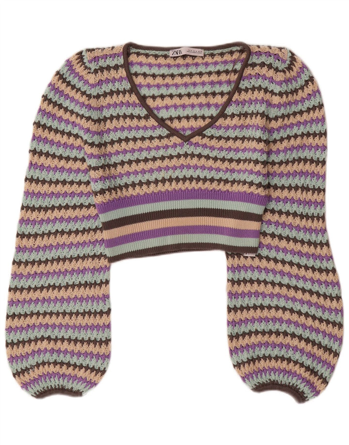 Maglione corto con scollo a V da donna Zara UK 12 a righe multicolori medie