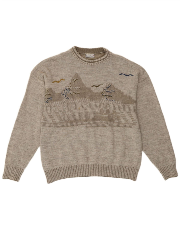 Maglione vintage da uomo girocollo girocollo grigio medio geometrico retrò