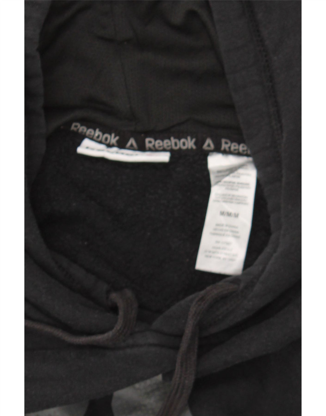 REEBOK Mens Graphic Hoodie Jumper Medium Black Colourblock Cotton Vintage Reebok and Second-Hand Reebok from Messina Hembry 