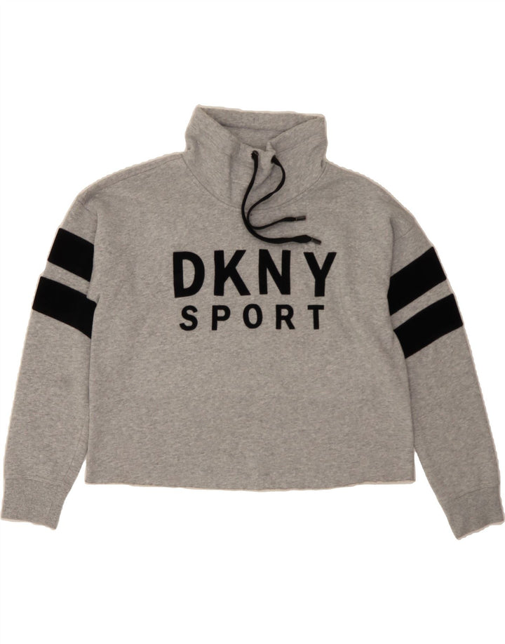 DKNY Womens Oversized Crop Graphic Sweatshirt Jumper UK 14 Medium Grey Vintage Dkny and Second-Hand Dkny from Messina Hembry 