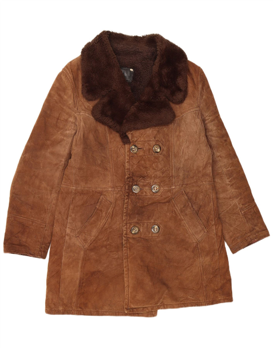 Cappotto doppiopetto da uomo in shearling VINTAGE IT 54 2XL Pelle marrone