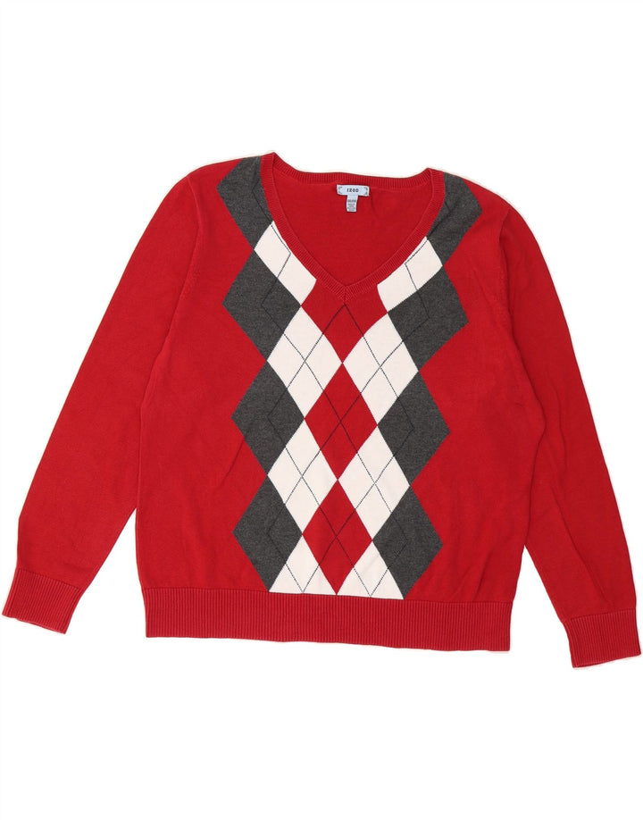 IZOD Womens Oversized V-Neck Jumper Sweater UK 20 2XL Red Argyle/Diamond Vintage Izod and Second-Hand Izod from Messina Hembry 