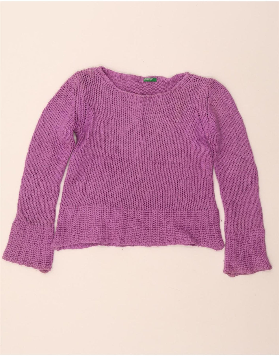 BENETTON Maglione corto con scollo a barca da donna UK 10 piccolo lana viola