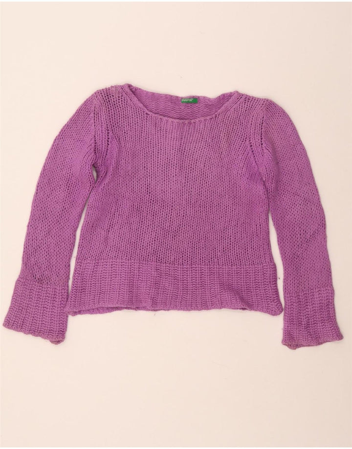 BENETTON Maglione corto con scollo a barca da donna UK 10 piccolo lana viola