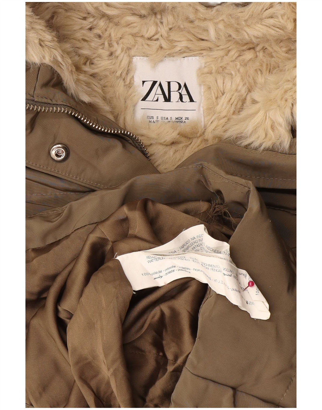 Giacca imbottita in sherpa con cappuccio da donna Zara UK 10 piccola poliestere kaki