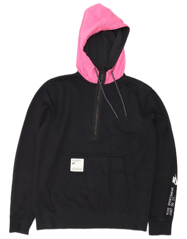 Felpa con cappuccio e collo con zip grafica Nike da uomo, cotone color block medio nero