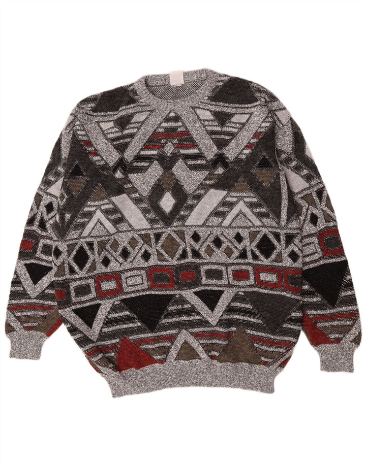 Maglione maglione girocollo da uomo vintage UK 38/40 Grigio medio geometrico
