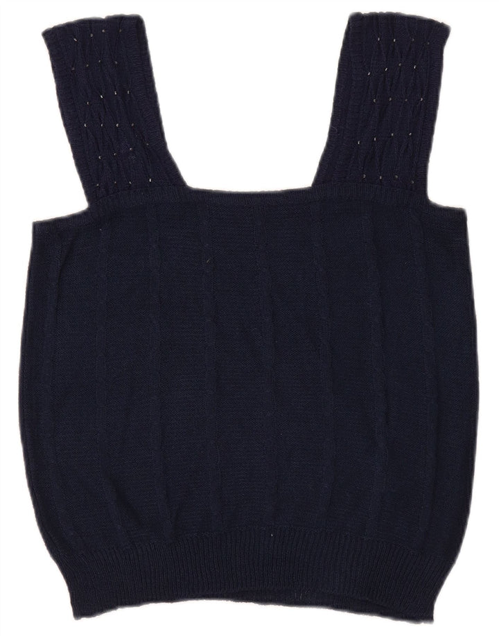 Top corto in maglia da donna vintage UK 8 piccolo blu navy
