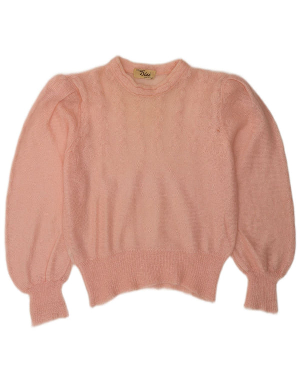 Maglione maglione girocollo trasparente da donna vintage UK 14 Rosa medio