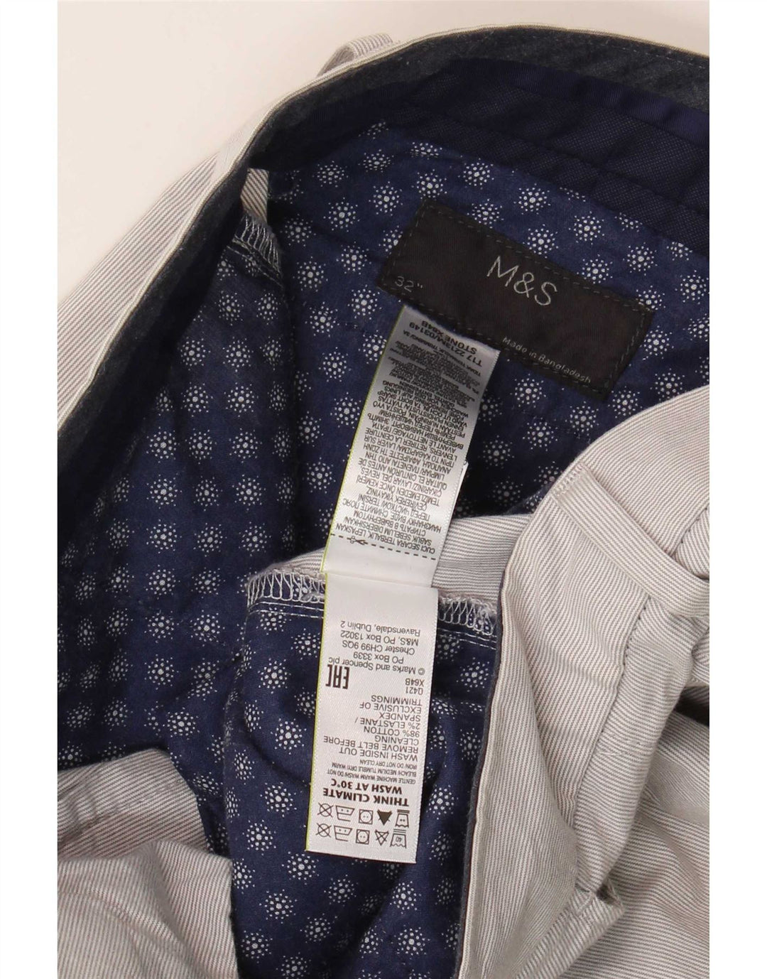 Pantaloncini chino da uomo Marks & Spencer W32 cotone gessato grigio medio