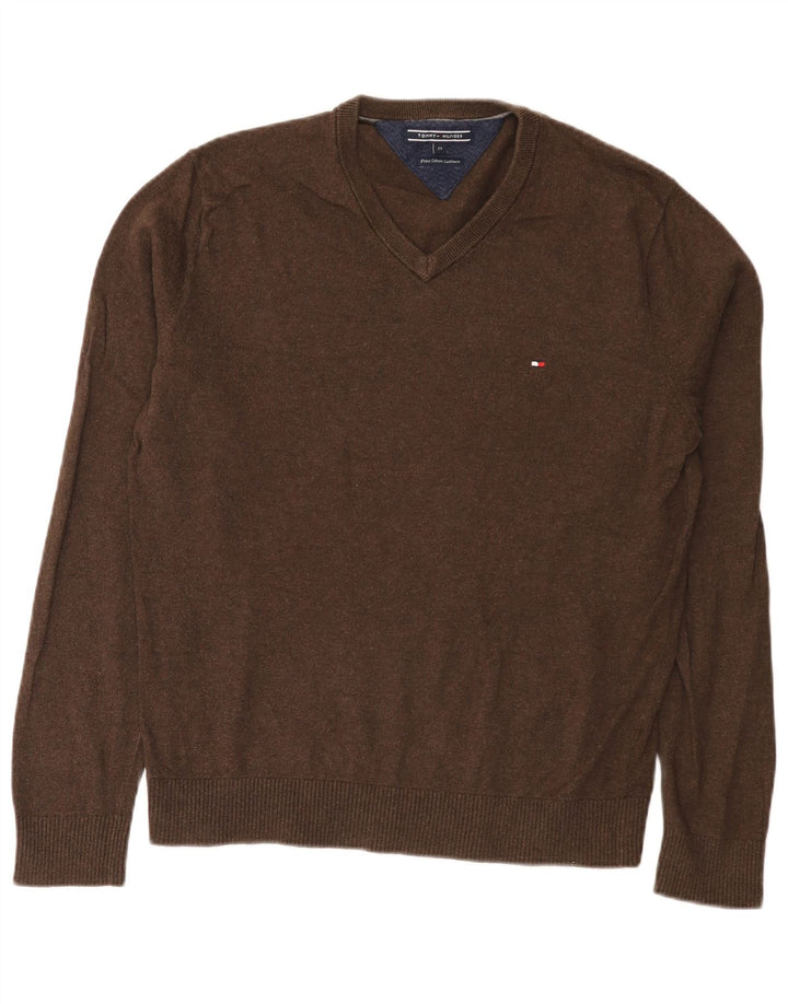 Maglione maglione con scollo a V da uomo Tommy Hilfiger in cotone marrone medio