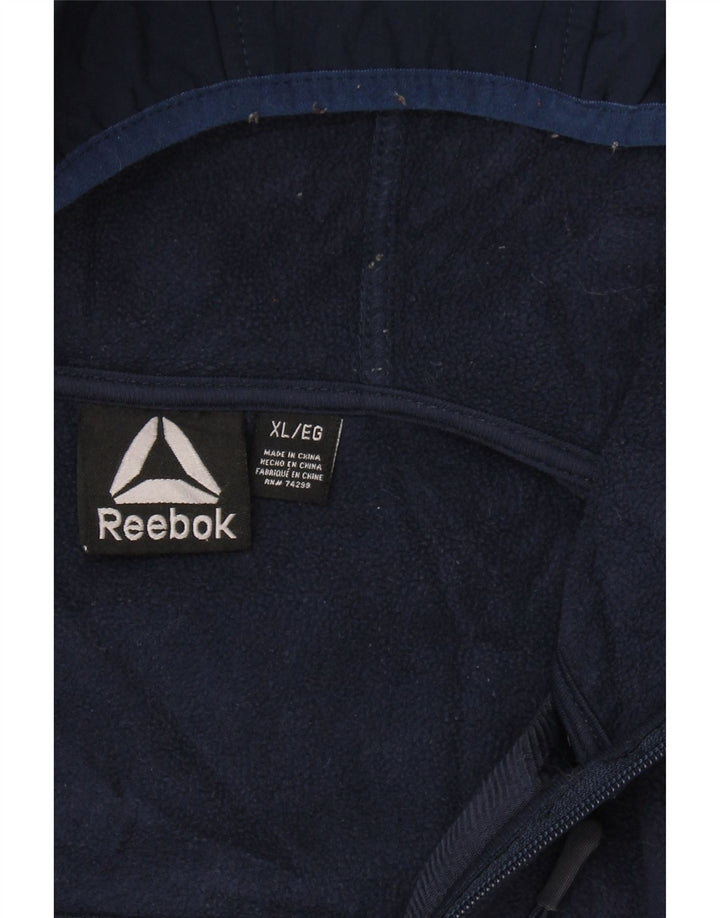 REEBOK Mens Hooded Fleece Jacket UK 42 XL Navy Blue Polyester Vintage Reebok and Second-Hand Reebok from Messina Hembry 