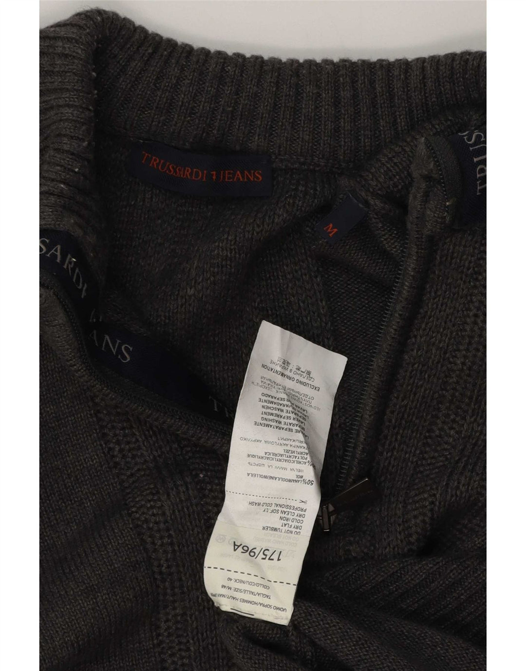 Maglione Uomo Trussardi Jeans Zip Collo Lana Grigio Medio