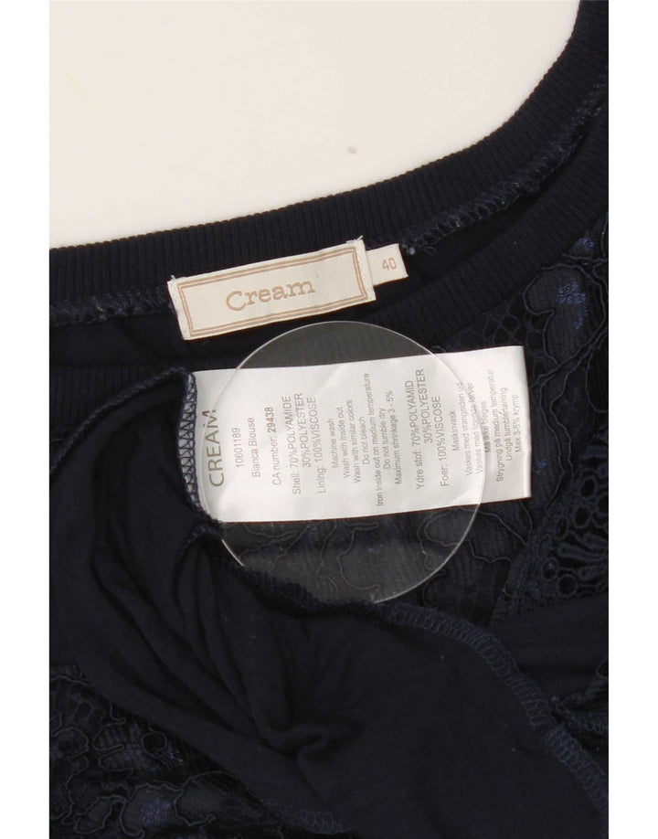 Camicetta vintage in pizzo a maniche lunghe da donna EU 40 medio blu navy floreale