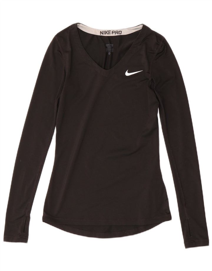 Nike Dri Fit Top da donna a manica lunga UK 8 Small Nero Poliestere