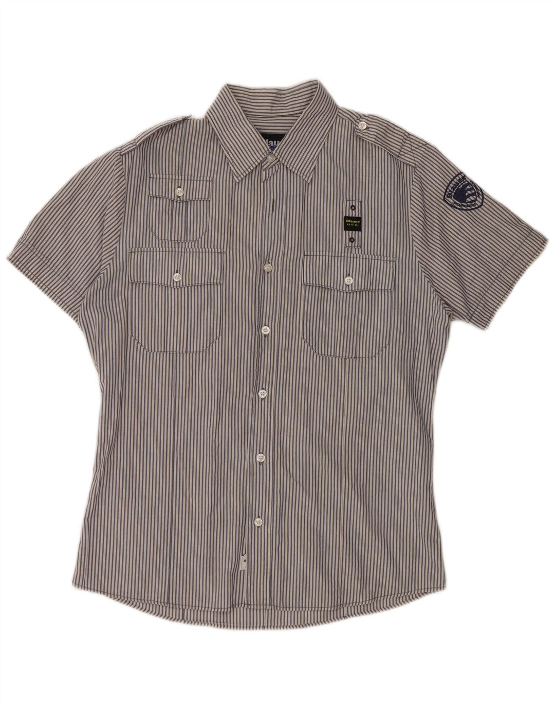 BLAUER Camicia Militare da Uomo a Manica Corta Grande in Cotone Gessato Blu