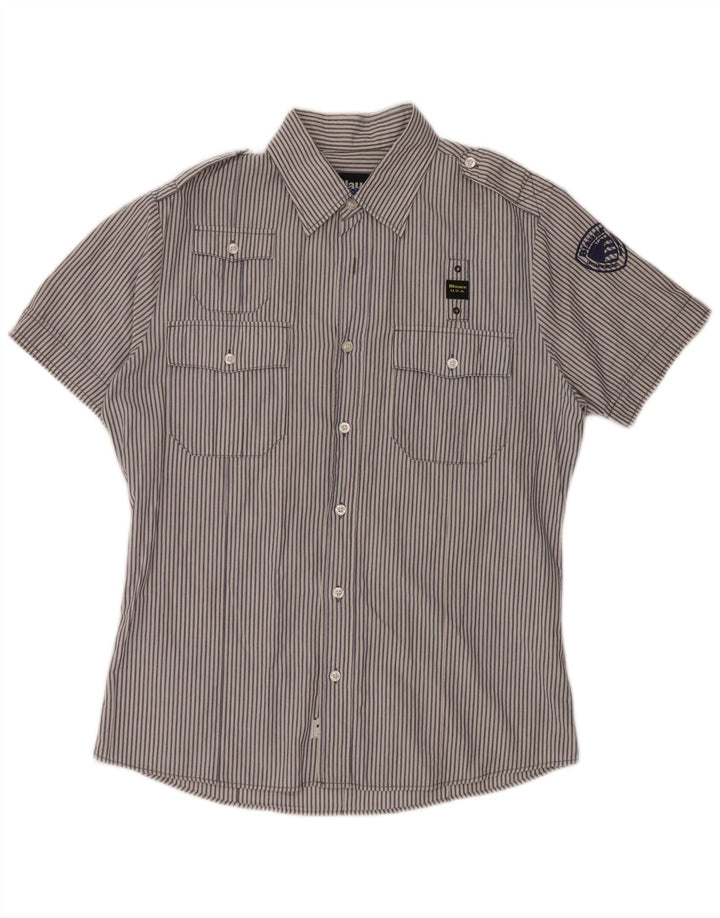 BLAUER Camicia Militare da Uomo a Manica Corta Grande in Cotone Gessato Blu