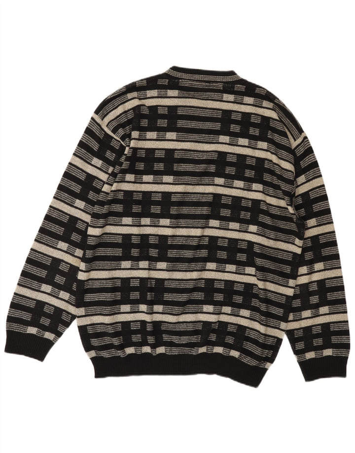 Maglione maglione girocollo da uomo vintage UK 38/40 medio nero geometrico